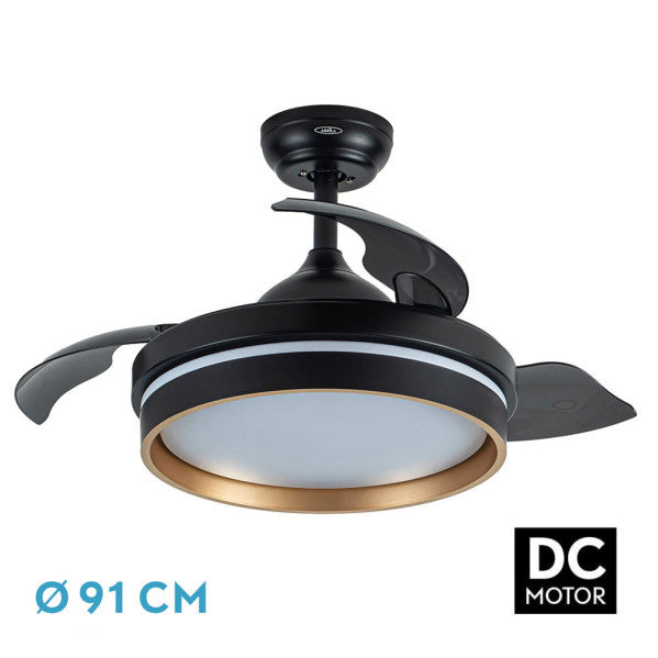 Ventilador de techo Nalon negro y oro con aspas retráctiles, iluminación LED y mando a distancia.