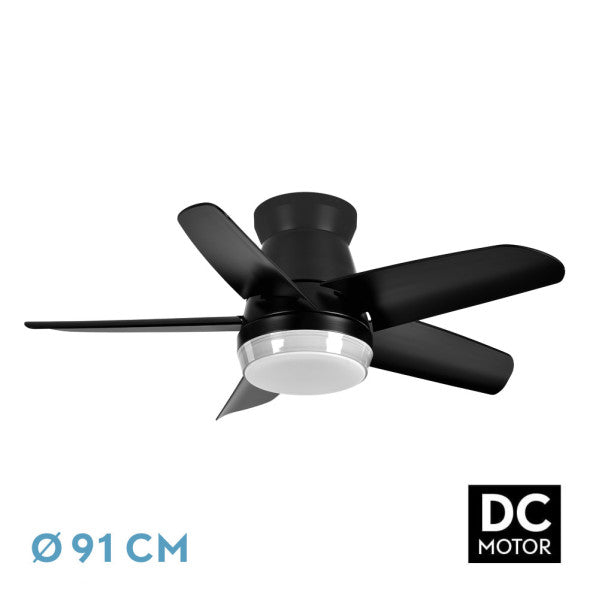 Ventilador de techo Neutron 24W de Fabrilamp, color negro, 5 aspas, 91cm de diámetro.  Mando a distancia incluido.