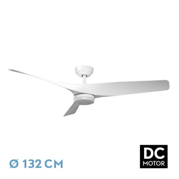 Ventilador de techo Niger DC blanco de Fabrilamp, con tres aspas y 132 cm de diámetro. Control remoto incluido.