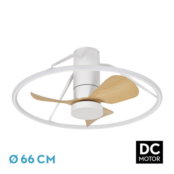 Ventilador de techo DC Oporto 66cm Blanco/Haya de Fabrilamp, vista frontal.