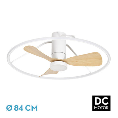 Ventilador de techo Oporto DC de Fabrilamp, vista frontal, color blanco/haya, 84cm de diámetro.