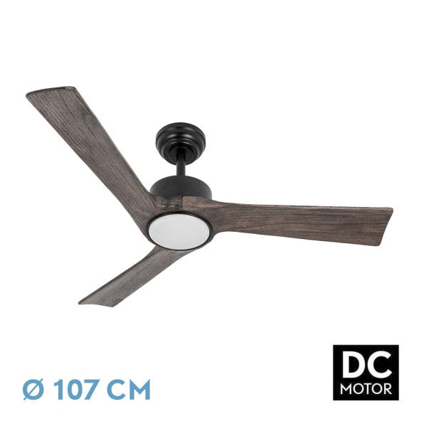 Ventilador Orinoco 24W Negro/Roble de Fabrilamp, vista frontal.