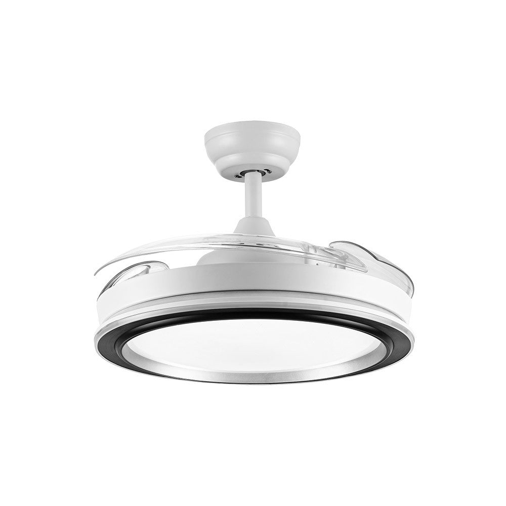 Ventilador de techo Picolo fabricado en metal blanco y negro con aspas de ABS transparente