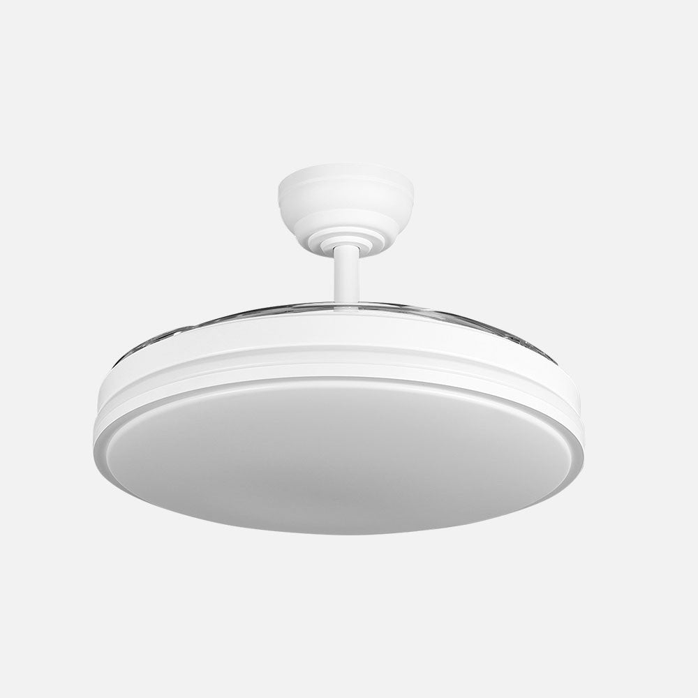 Ventilador Relampago con cuerpo fabricado en metal color blanco y aspas de ABS transparente