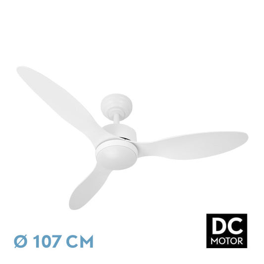 Ventilador SERPA DC 24W Blanco, vista frontal, 3 aspas, mando a distancia.