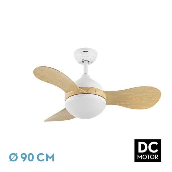 Ventilador de techo DC Sólido 24W blanco y haya de Fabrilamp, con mando a distancia y temporizador.