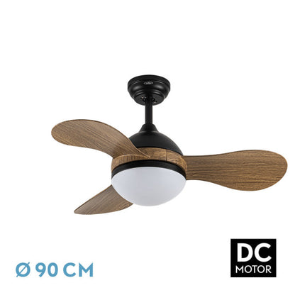 Ventilador de techo DC Sólido negro con aspas de madera, mando a distancia y temporizador. Fabrilamp.