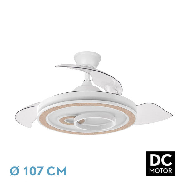 Ventilador DC Sultan Blanco/Haya con aspas desplegadas, mostrando su diseño moderno y elegante.