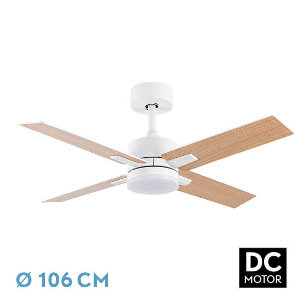 Ventilador DC Talco 20W Blanco/Haya de Fabrilamp, vista frontal.