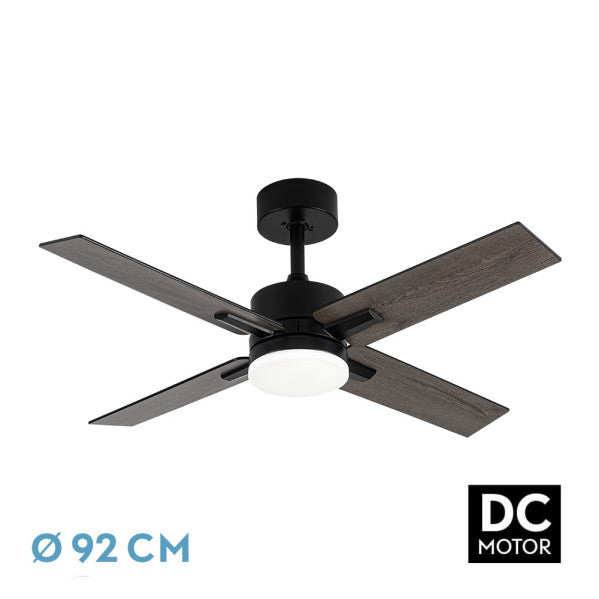 Ventilador de techo Talco 20W negro con aspas reversibles, vista frontal.