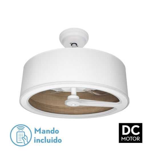 Ventilador de techo Tatiana DC de Fabrilamp, vista general en blanco y madera oscura.