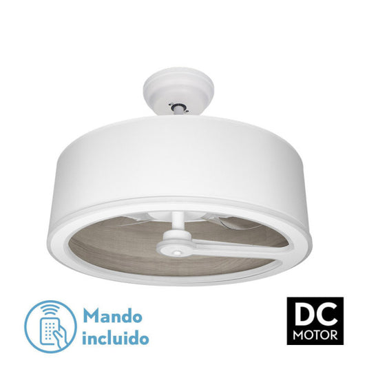 Ventilador de techo Tatiana DC 110W, vista general, blanco y madera gris, Fabrilamp.