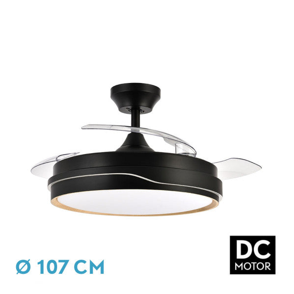 Ventilador de techo Tempano Negro/Madera con aspas retráctiles, 72W, 7200 lúmenes. Fabrilamp en luzguru.com