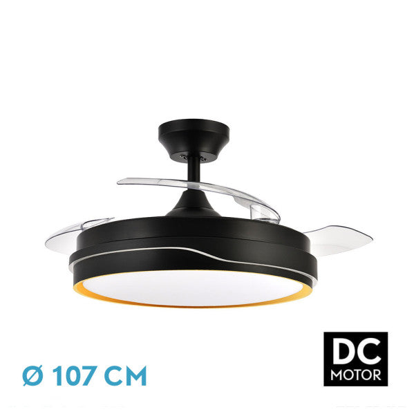 Ventilador de techo Tempano Negro/Oro con aspas retráctiles, iluminación LED y mando a distancia.