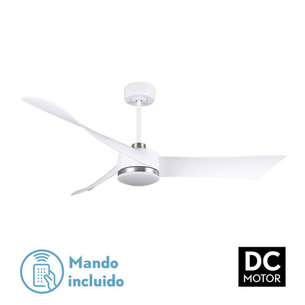 Ventilador DC Tempel 26W Blanco/Níquel de Fabrilamp, 3 aspas, con control remoto y temporizador.