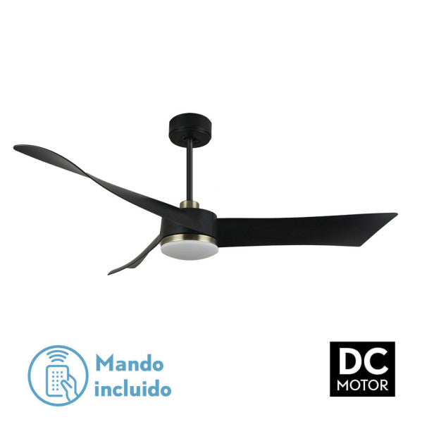 Ventilador de techo Tempel DC de Fabrilamp, vista general, negro y cuero, 132cm de diámetro