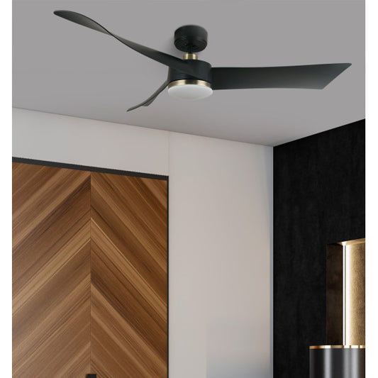 Ventilador de Techo con Luz LED Tempel 132 cm Negro/Cuero Fabrilamp - Vista frontal principal en fondo blanco | LuzGurú