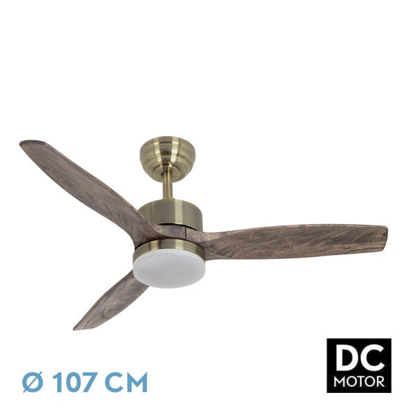 Ventilador de techo DC Torino 24W de Fabrilamp en color cuero y roble, con 3 aspas y control remoto. Disponible en luzguru.com