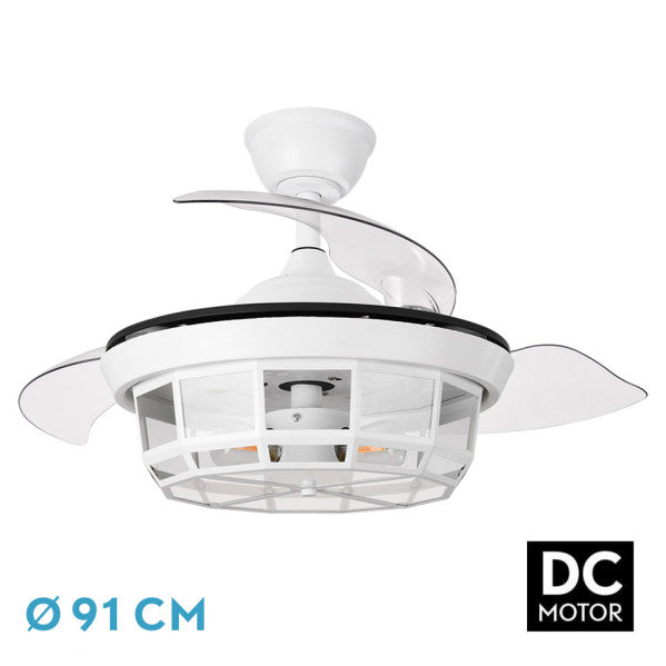 Ventilador DC Tornado Blanco de Fabrilamp con aspas desplegables, vista frontal.