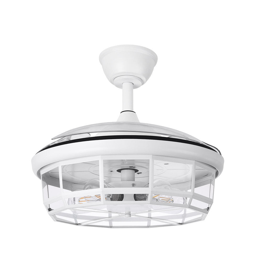 Ventilador Tornado fabricado en metal blanco, color blanco, con aspas de ABS transparente