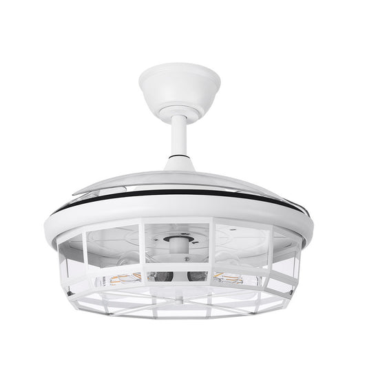 Ventilador Tornado fabricado en metal blanco, color blanco, con aspas de ABS transparente