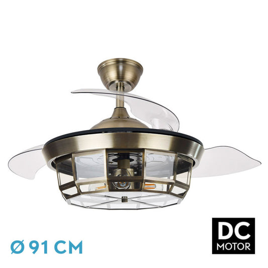 Ventilador DC Tornado Cuero Fabrilamp con aspas desplegables, vista frontal.