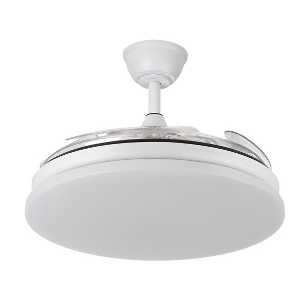 Ventilador de Techo Tridente 107 cm Blanco con Luz LED Fabrilamp instalada en ambiente decorativo de salón o dormitorio | Fabrilamp / Abrila