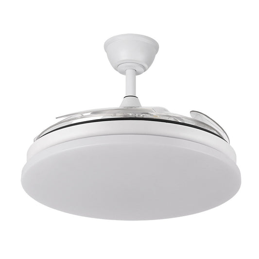 Ventilador Tridente fabricado en metal color blanco con aspas ABS transparentes