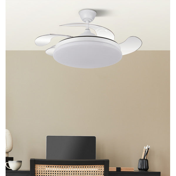 Ventilador de Techo Tridente 107 cm Blanco con Luz LED Fabrilamp encendida con proyección de luz y ambiente | LuzGurú