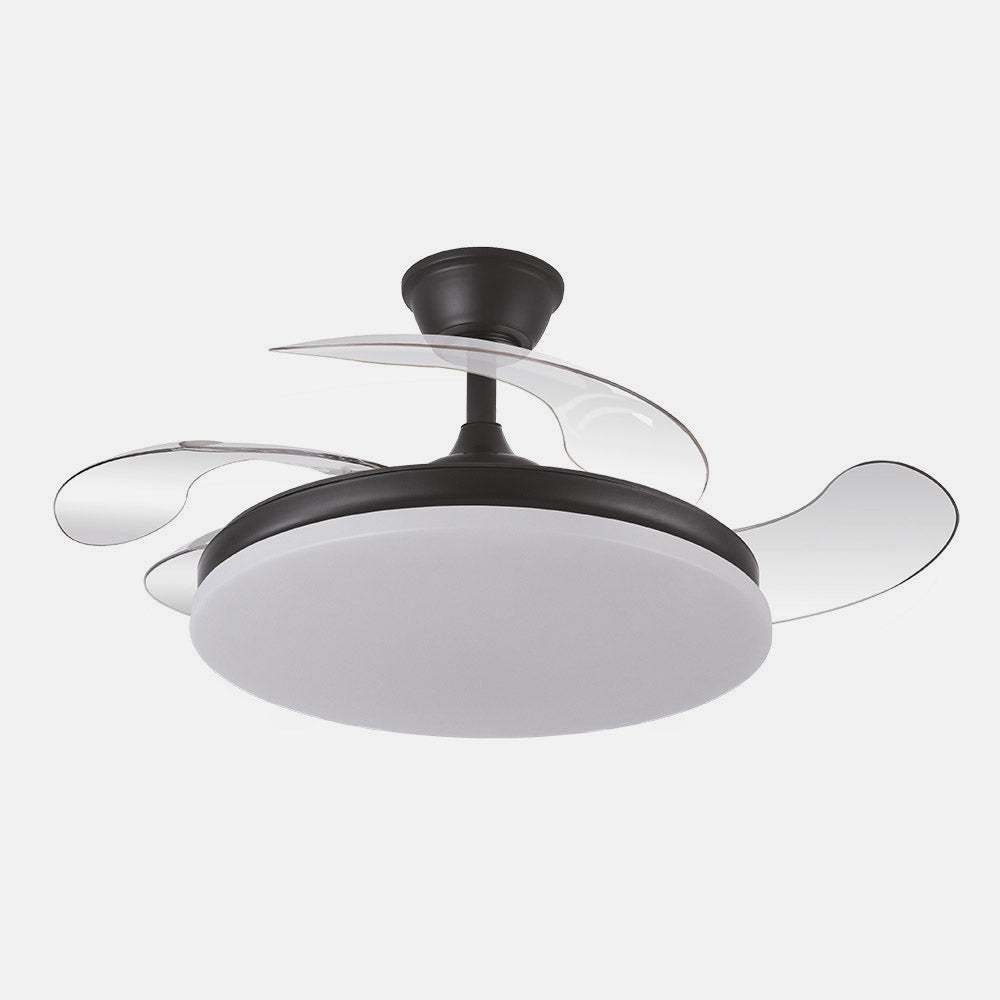 Elegante ventilador negro con aspas retráctiles ideal para salón