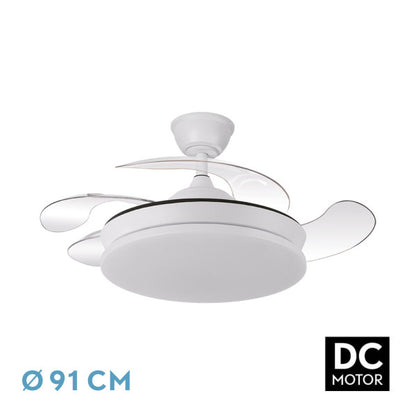 Ventilador DC Tridente Mini Blanco con aspas desplegadas, mostrando su diseño moderno y elegante.