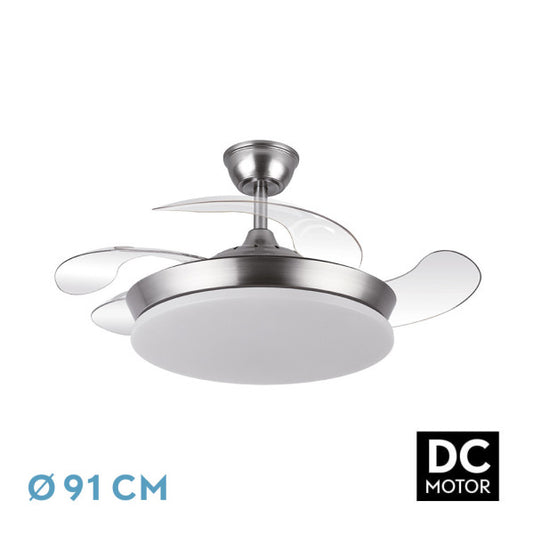 Ventilador de Techo Tridente Mini 91 cm Níquel con Luz LED Fabrilamp - Vista frontal principal en fondo blanco | LuzGurú