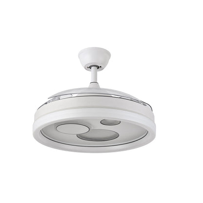 Ventilador de techo fabricado en metal y ABS color blanco con aspas transparentes retráctiles