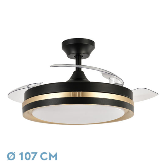 Ventilador de techo Fabrilamp Viper Negro/Oro con aspas retráctiles, iluminación LED y mando a distancia.