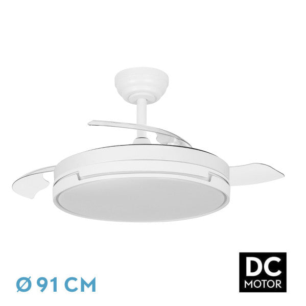 Ventilador DC Papiro Mini 59W Blanco con aspas desplegables, mando a distancia y luz LED integrada.