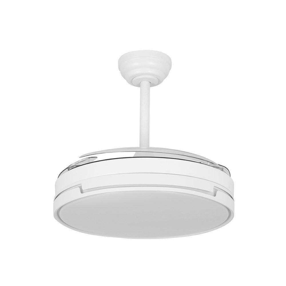 Ventilador Papiro fabricado en metal color blanco con aspas de ABS transparente