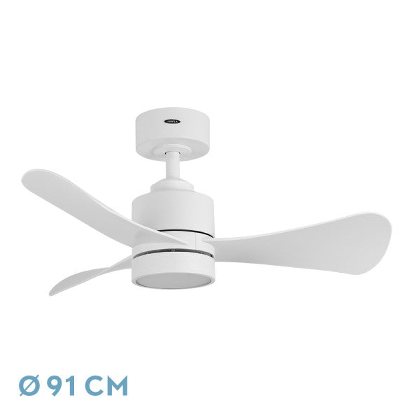 Ventilador de techo Zepelin 18W blanco de Fabrilamp, con tres aspas y control remoto. Ideal para cualquier habitación.