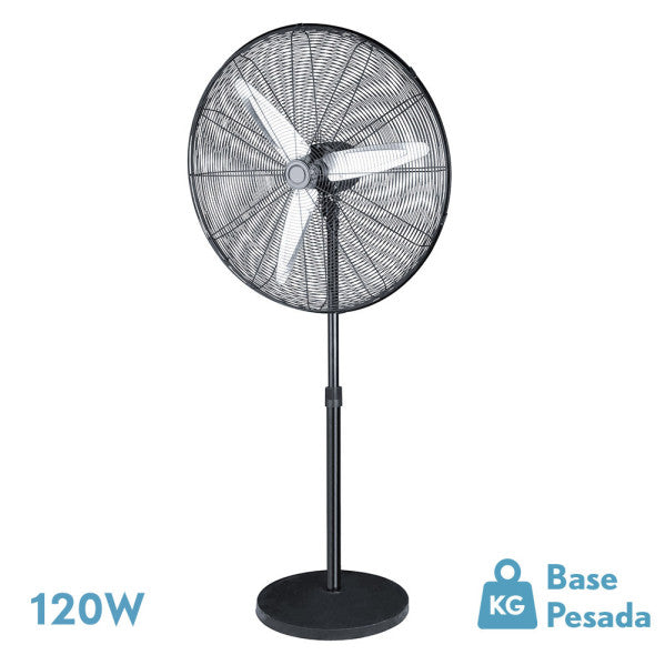 Ventilador de pie Alarcon 120w negro y plata de Fabrilamp, vista frontal.