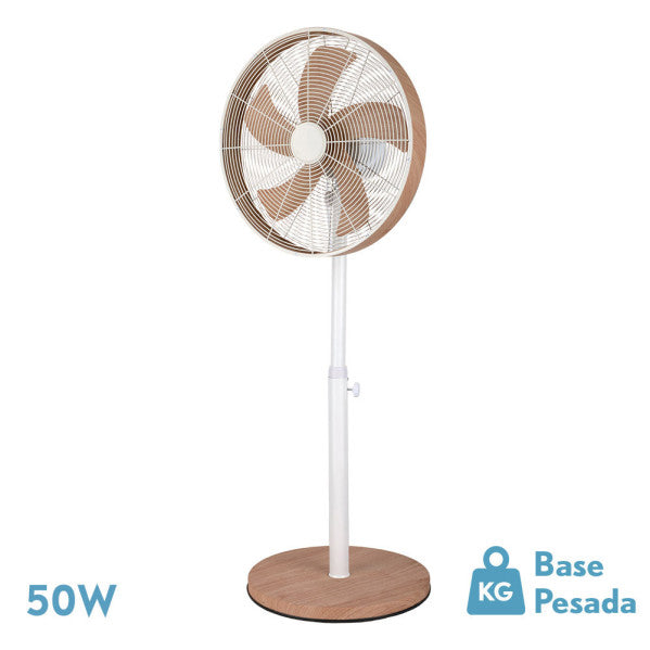 Ventilador de pie Alcañiz blanco/haya de Fabrilamp, vista frontal.