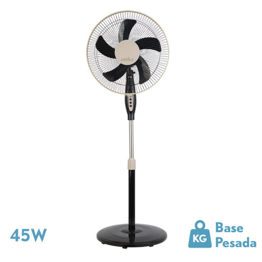 Ventilador de pie Belmonte Negro/Beis de Fabrilamp, vista frontal, 5 aspas, 3 velocidades.