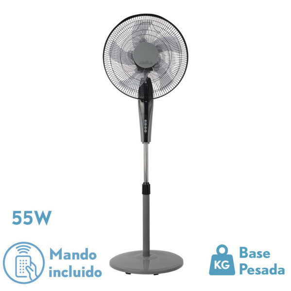 Ventilador de pie Borlon Negro/Gris de Fabrilamp, vista frontal, 3 velocidades, control remoto y temporizador.