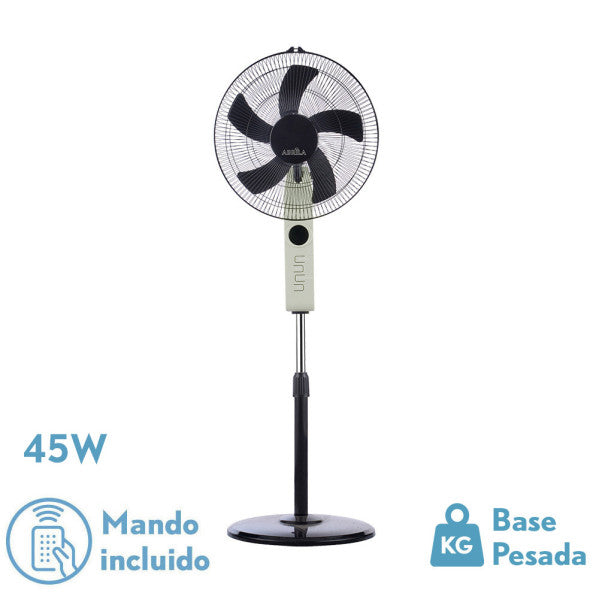 Ventilador de pie Circus beis/negro con 5 aspas, mando a distancia y temporizador. Fabrilamp.