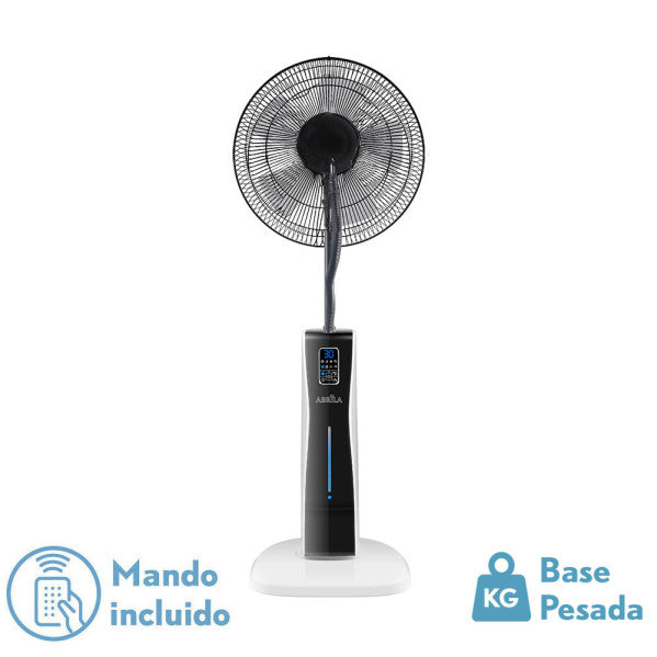 Ventilador de pie Corvo blanco y negro con nebulizador, mando a distancia y temporizador de Fabrilamp.