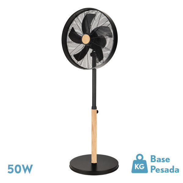 Ventilador de pie Falcon negro y haya, vista frontal, Fabrilamp