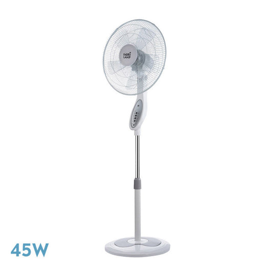 Ventilador de pie Floxo blanco y gris de Fabrilamp, vista frontal.  Encuéntralo en luzguru.com