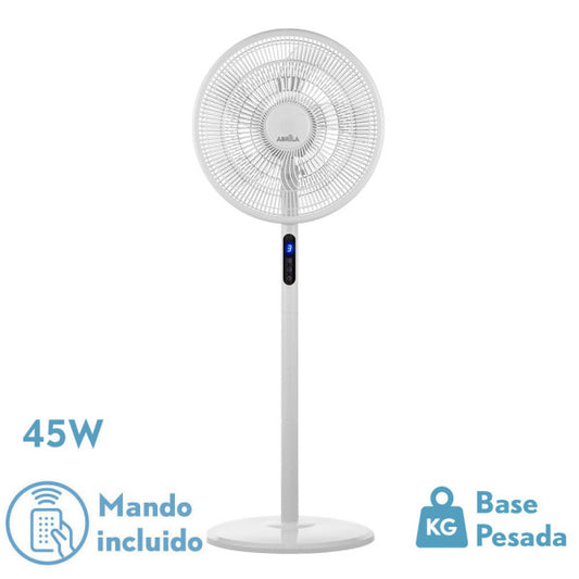 Ventilador de pie Icono Blanc de Fabrilamp, diseño moderno y elegante, con mando a distancia y temporizador.