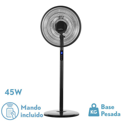 Ventilador de pie Icono Negro de Fabrilamp con 3 velocidades, mando a distancia y temporizador. Modelo 207441009.