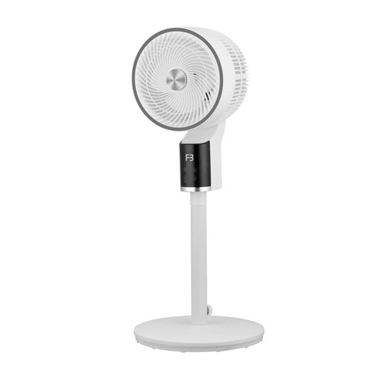 Ventilador de pie Persa Blanco/Cromo 50W de Fabrilamp, con control remoto y temporizador. Ideal para refrescar tu hogar.