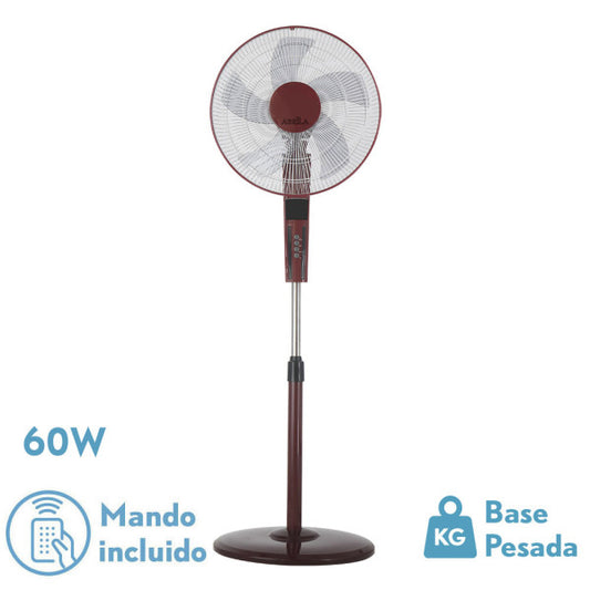 Ventilador de pie Rayo Burdeos/Negro de Fabrilamp, con mando a distancia y temporizador.