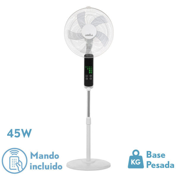 Ventilador de pie Rodium Blanco de Fabrilamp, con mando a distancia y temporizador. Diseño elegante y moderno.